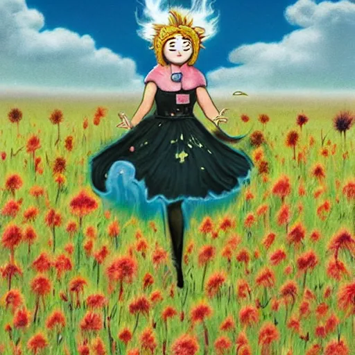 Image similar to The body art depicts a woman standing in a field of ashes, her dress billowing in the wind. Her hair is wild and her eyes are closed, and she seems to be in a trance-like state. The body art is dark and atmospheric, and the ashes in the field seem to be almost alive, swirling around. Powerpuff Girls by Richard Scarry, by Heywood Hardy unified