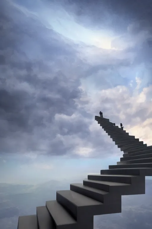 Prompt: infinite stairs rising to the heaven in the middle of the sky, concept art, octane render, unreal engine 5, digital painting, hyperrealistic, highly detailed, high quality, 8 k hdr, digital art, clouds in the sky, breathtaking view, path traced, god, godrays, beautiful, elegant, harmonious, complementary colors, natural lighting