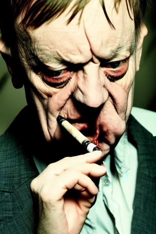 Image similar to highly detailed photo of Mark E Smith, smoking a cigarette