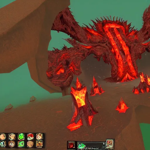 Image similar to TzKal-Zuk at the Inferno, old school runescape, lava river, magma, large shield of magma, obsidian pillars