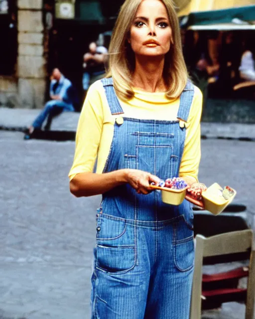 Image similar to portrait of a blonde barbara bach from the bond film wearing dungarees and eating ice creams in porto