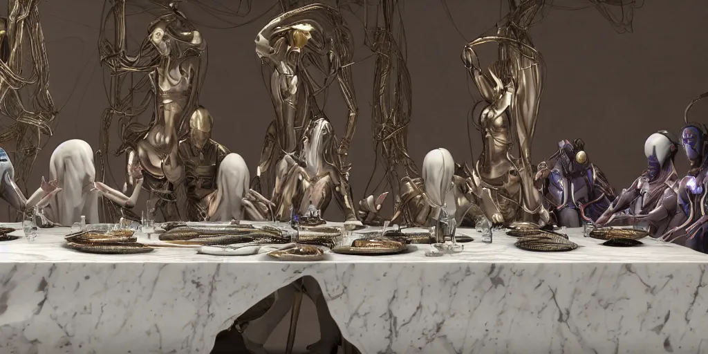 Prompt: !13 diverse aliens on !one_side of a !marble table, eating luxurios meals !!posing_as_last_supper cinematic lighting, their clothes are high tech suits, intricate cables adorne their bodies and heads, detailed implants, satin, crystal, liquid, surreal, floating, !!highly detalied, 4k, artstation, by Rolf Armstrong