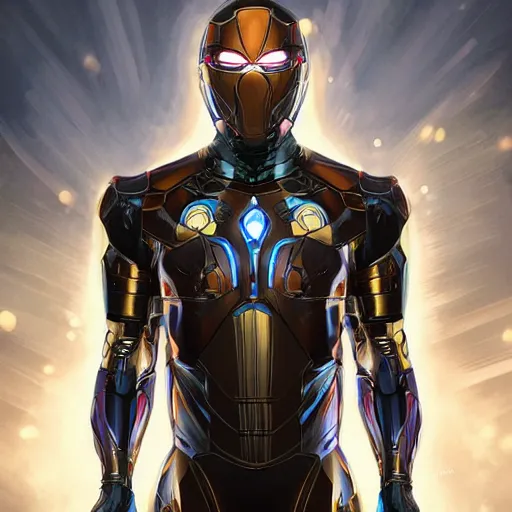 Prompt: character concept, full body, symmetrical head - on centralized, young man with advanced iron suit, mask off. detailed, high quality, dynamic lightning, fantasy, scenematic. artwork by artgerm, wlop, alex ross, greg rutknowski, alphonse mucha