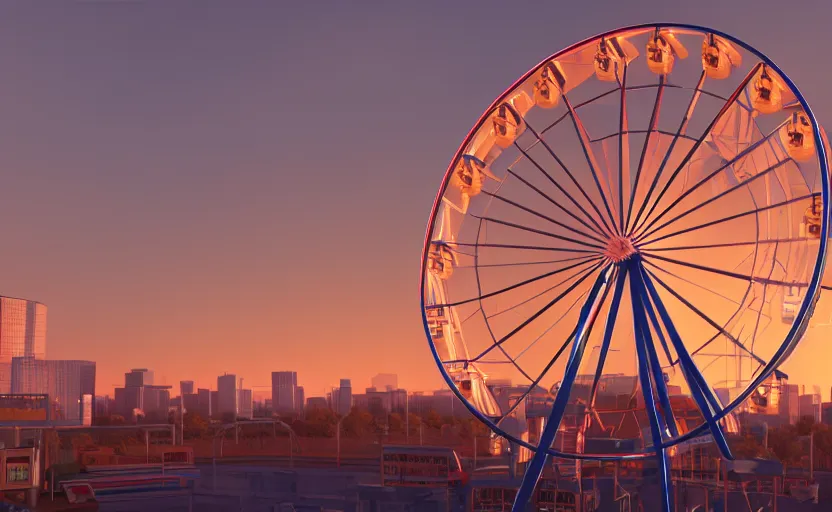 Prompt: one ferris wheel at sunrise, concept art, hyperrealistic, octane render, unreal engine 5, path traced, highly detailed, high quality, 8 k, dramatic lighting, cinematic, high coherence, symmetrical, high contrast, 1 9 8 0 s style, lens flare, godrays