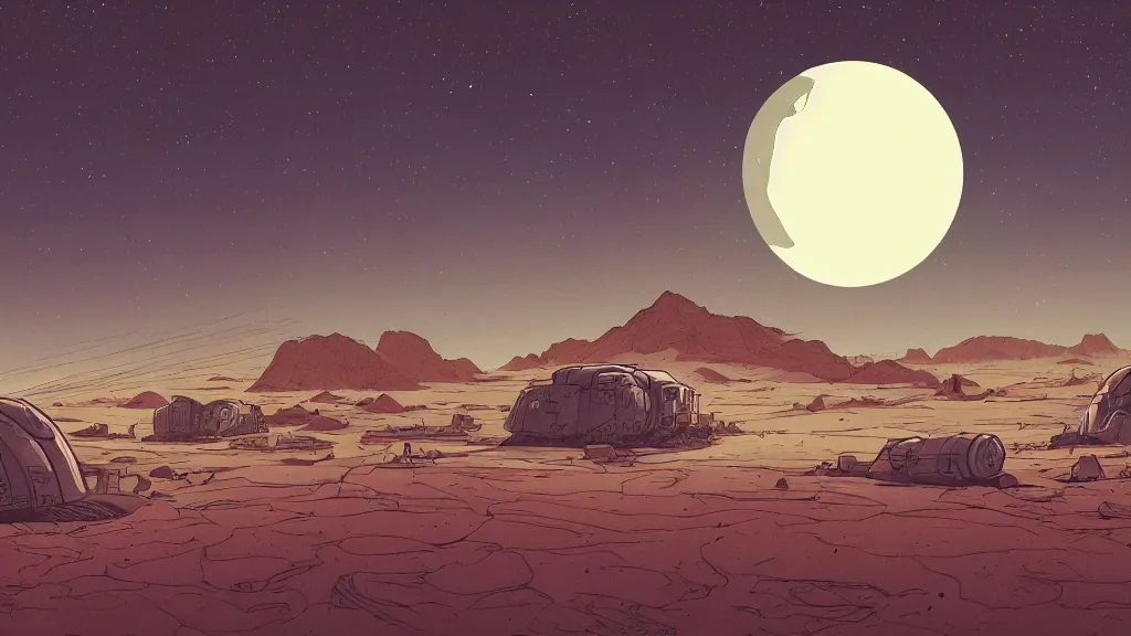 Image similar to very detailed, prophet graphic novel, ilya kuvshinov, mcbess, rutkowski, simon roy, illustration of a plateau with a large bunker door built into the side on a desert planet, wide shot, colorful, deep shadows, astrophotography
