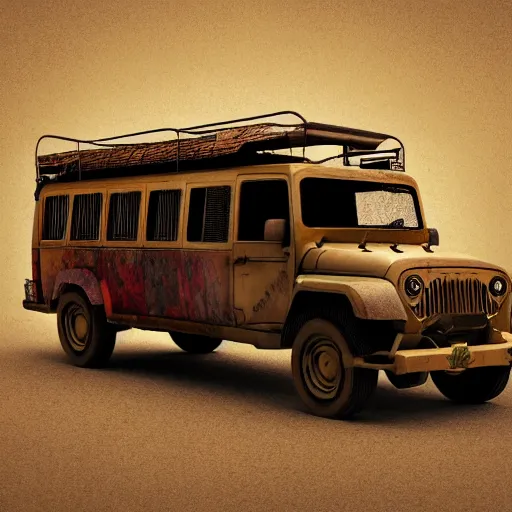 Prompt: Jeepney rendered on blank background, muted tones, high detail 3D rendering, Octane render, raytracing