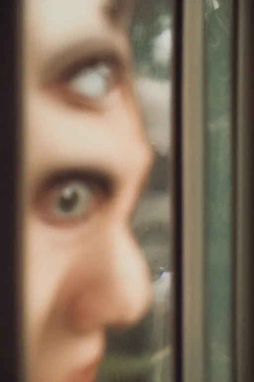 Image similar to kodak portra 4 0 0 photograph of a person looking out through their window, eyes, beautiful eyes, stunning eyes, close up, telephoto, faded effect, grain,