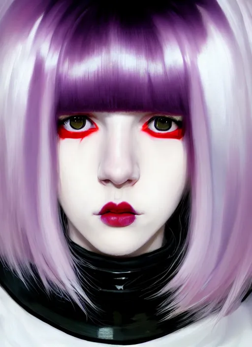 Image similar to portrait of white teenage girl, normal face, white bangs, mall goth, cyberlox, black and white hair, bangs, fluffy bangs, red contact lenses, purple lipstick, intricate, elegant, highly detailed, digital painting, artstation, concept art, sharp focus, smooth, illustration, art by wlop, mars ravelo and greg rutkowski