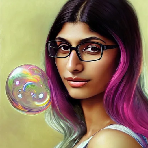 Image similar to dream portrait of Mia Khalifa, dreamy and ethereal, expressive pose, big pink eyes, exciting expression, fantasy, intricate, elegant, many rainbow bubbles, rose tones, highly detailed, digital painting, artstation, concept art,cyberpunk wearing, smooth, sharp focus, illustration, art by artgerm and greg rutkowskiand alphonse mucha,Salvador Dali.