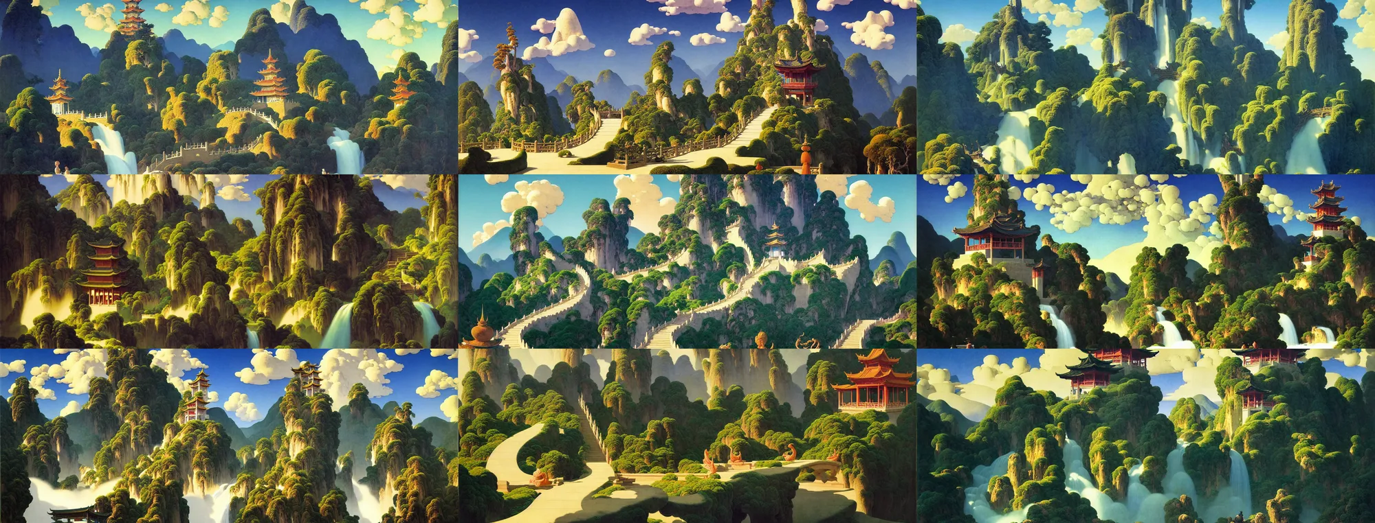 Prompt: a gorgeous landscape painting by barlowe wayne maxfield parrish and marco mazzoni. chinese hanging temple. yungang buddh. the winding steps. stone bridge. clouds in the wind!! ultra clear detailed. 3 d, octane render. water fall farom the mountain.