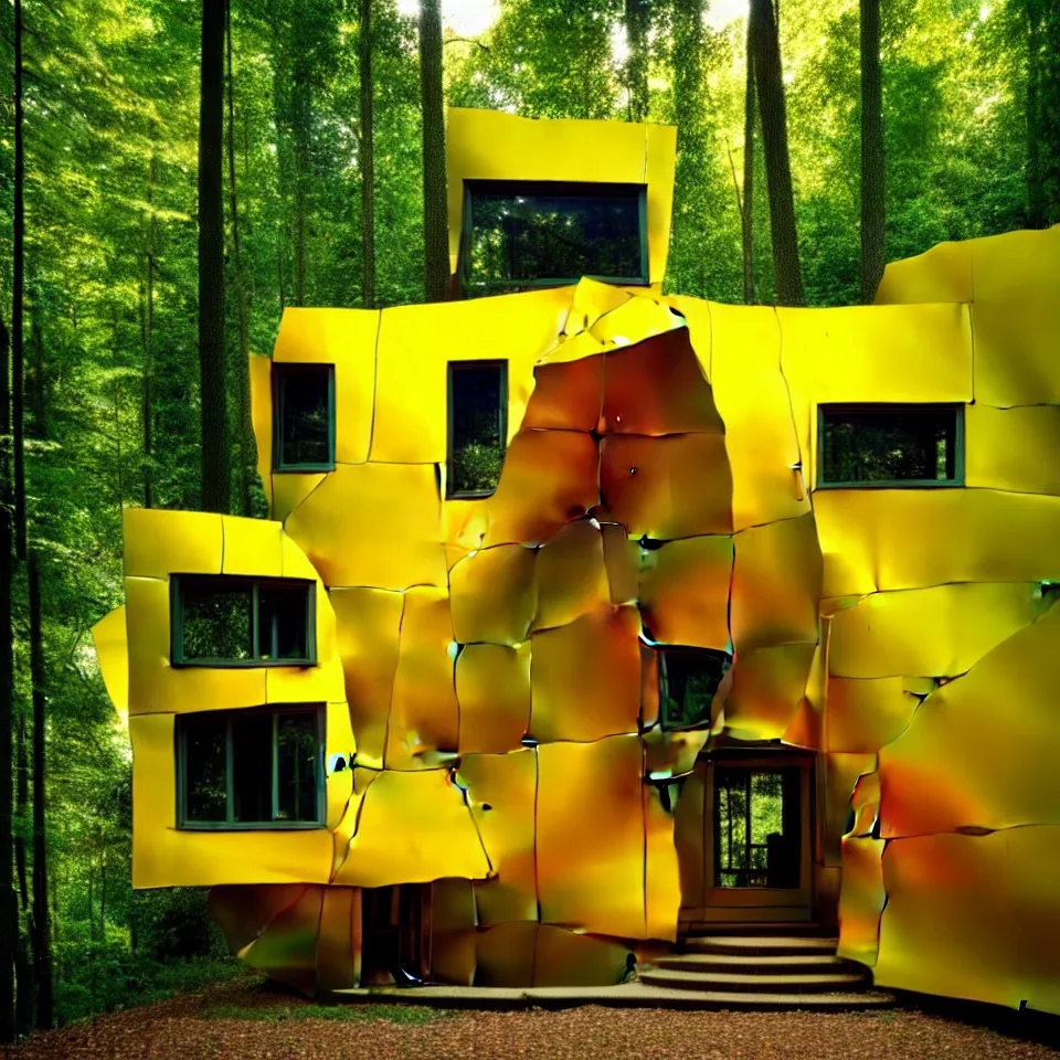 Image similar to a small flat house with big tiles in a forest, designed by Frank Gehry. Film grain, cinematic, yellow hue