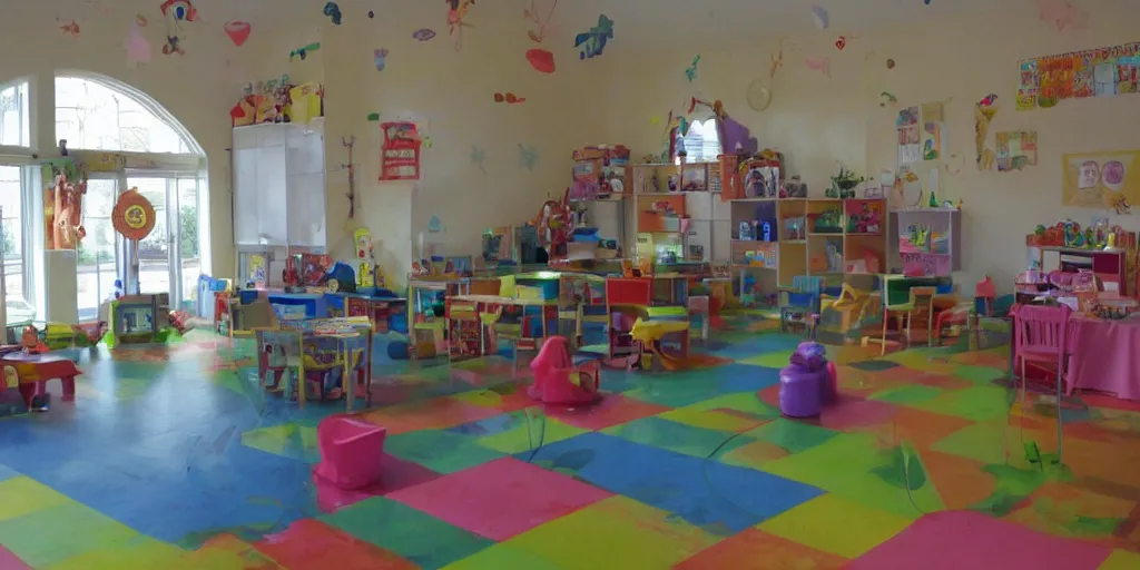 Image similar to childrens daycare indoors limital space, not well litt, creepy photo