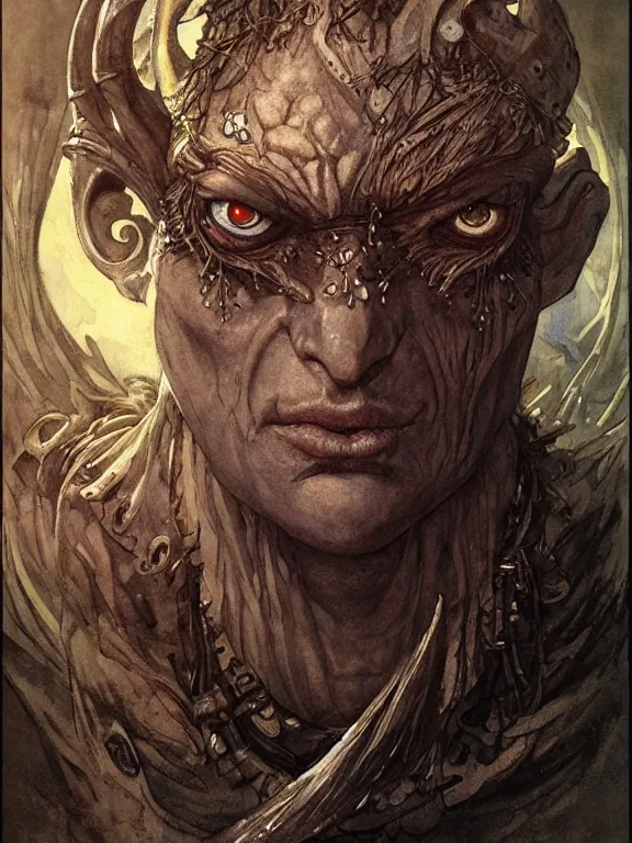 Prompt: one-eyed fantasy cyclops concept art with one huge eye in the center and with smooth skin in place of the nose. Without the nose. Extremely high detail, details, realistic, fantasy art, solo, masterpiece, portrait, saturated colors, art by Arthur Rackham, Dariusz Zawadzki, Muzinabu