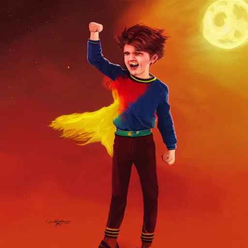 Image similar to colorful and festive captivating young child boy, brown fluffy hair, wearing red and yellow hero suit, shooting a crescent moon out of his fist. full body, rich vivid colors, ambient lighting, dynamic lighting, 4 k, atmospheric lighting, painted, intricate, highly detailed by charlie bowater