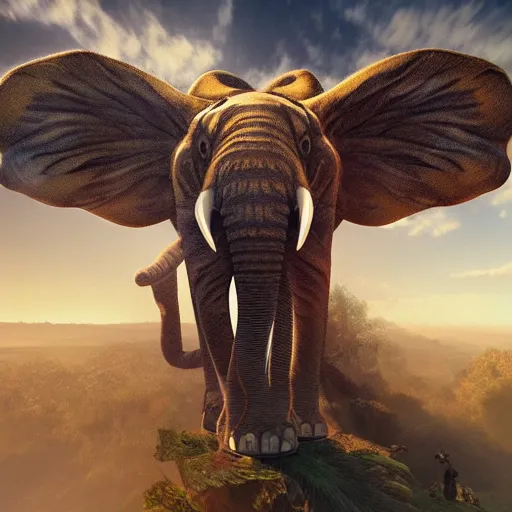 Image similar to tiger elephant leaping through the sky, winged, epic composition, hyper detailed, digital art, trending in artstation, cinematic lighting, studio quality, unreal engine 5 rendered, art style by klimt and nixeu and ian sprigger and wlop and krenz cushart