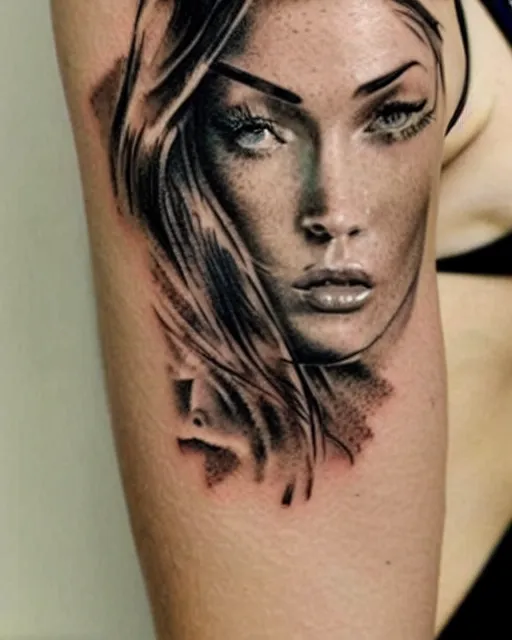 Image similar to creative double exposure effect tattoo design sketch of megan fox on a background of beautiful mountain scenery, realism tattoo, in the style of matteo pasqualin, amazing detail, sharp