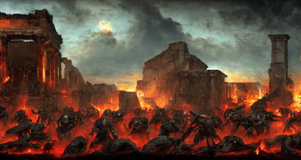 Image similar to the last day of pompeii in warhammer 4 0 k style, by john frederick kensett, digital art, 4 k, high detailed