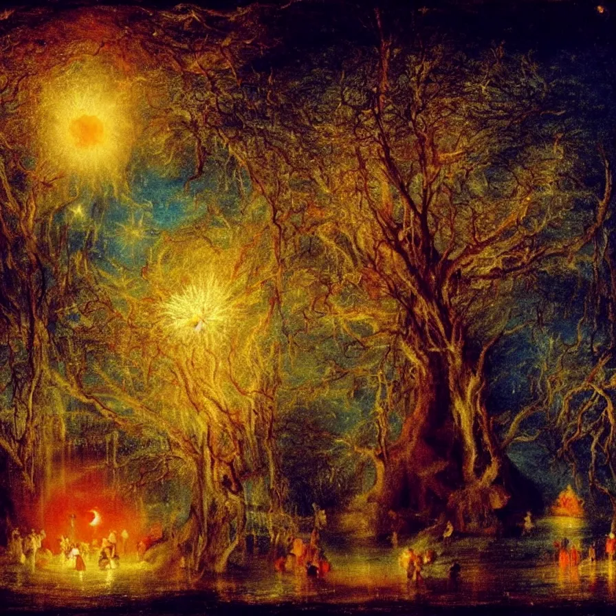Image similar to closeup of a night carnival inside a magical tree cavity, with a surreal orange moonlight and fireworks, next to a lake with iridiscent water, christmas lights, folklore animals and people disguised as fantastic creatures in a magical forest by summer night, masterpiece painted by turner, scene by night, dark night environment, refraction lights, glares