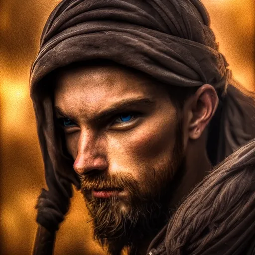 Prompt: portrait of a male warrior with half face,fantasy, D&D, HDR, natural light, dynamic pose, award winning photograph, 8k, Mucha style,