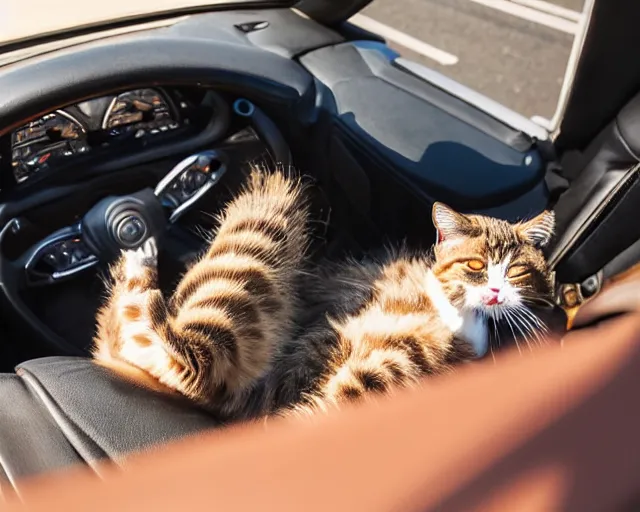 Image similar to top view of convertible, cat sitting in driver seat with paws on steering wheel, golden hour