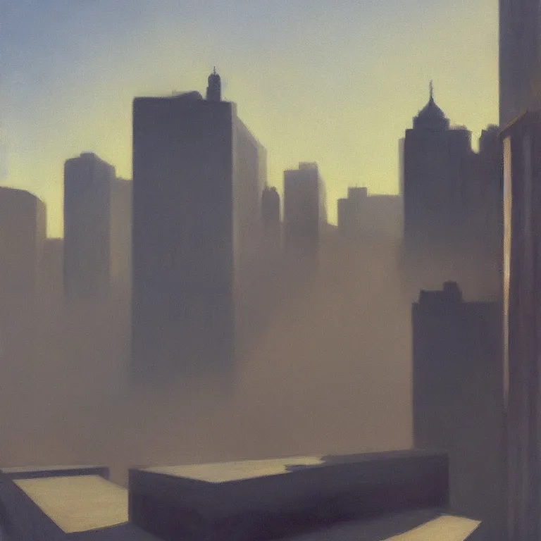 Image similar to city fog, early morning, painted by Edward Hopper, painted by Wayne Barlow, airbrush