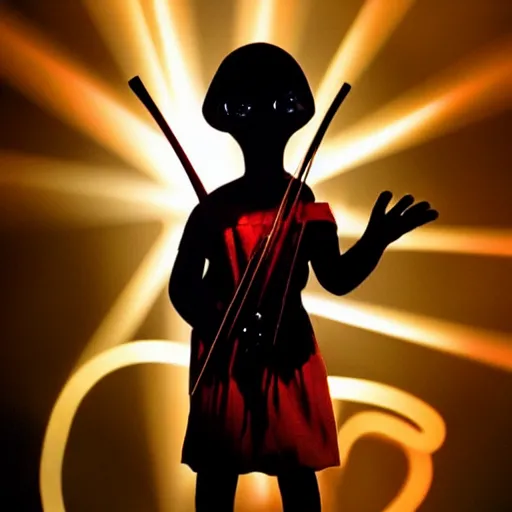 Image similar to E.T. playing the violin in the spotlight on stage with his heart glowing