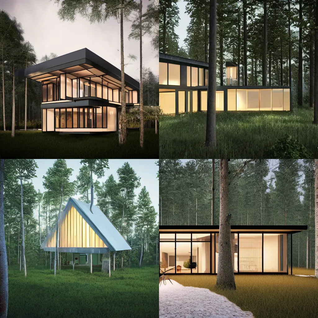 Prompt: a house in the middle of the forest, lights inside, contemporary architecture, architecture render, unreal engine, detailed