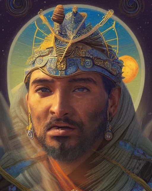 Prompt: digital painting of hanan pacha, the incan world above us where the sun and moon live, by filipe pagliuso and justin gerard, symmetric, fantasy, realistic, highly detailed, realistic, intricate, sharp focus, tarot card, portrait