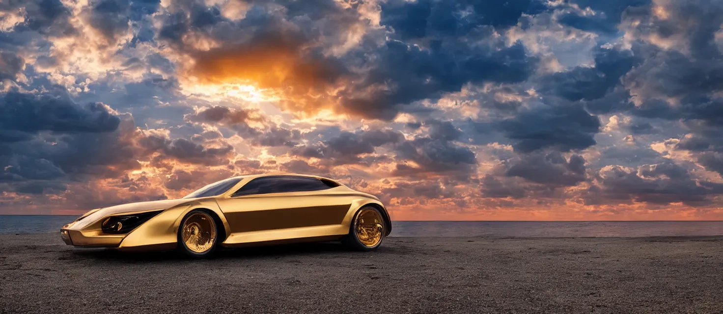 Image similar to futuristic golden luxury car from the year 2052, white tires with intricate rims, professional studio photography, dramatic lighting, clouds, colorful red sunset, on the beach, blue water