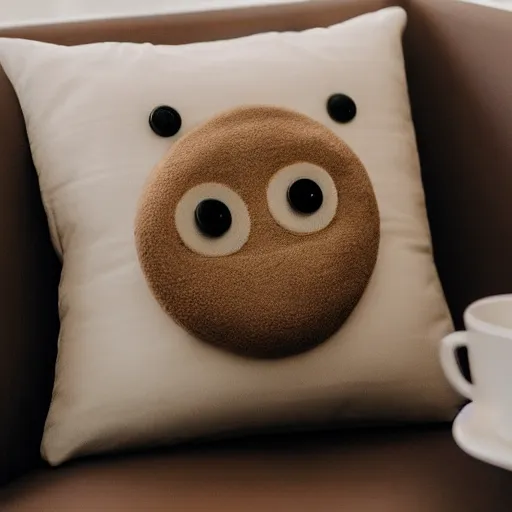 Prompt: a pillow with button eyes holding a cup of coffee