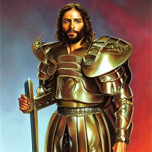 Prompt: full body portrait of Jesus wearing futuristic battle armor with a Damascus sword by boris vallejo