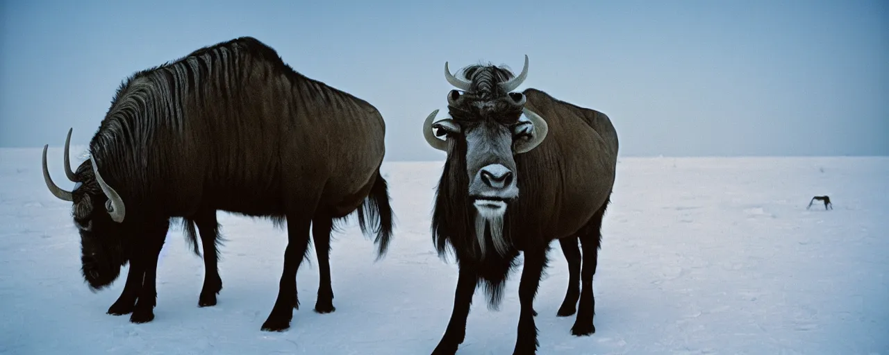 Image similar to the frozen tundra on an alien planet, daytime with space in the background, a wildebeest staring at the camera, national geographic, canon 5 0 mm, cinematic lighting, photography, retro, film, kodachrome