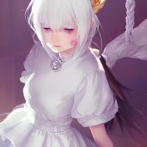 Image similar to realistic beautiful gorgeous natural cute young teenager girl white hair cute white cat ears in maid dress outfit golden eyes artwork drawn full HD 4K highest quality in artstyle by professional artists WLOP, Taejune Kim, Guweiz, ArtGerm on Artstation Pixiv