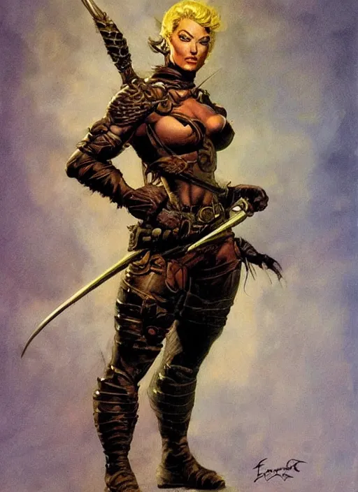 Image similar to portrait of strong female ranger, beautiful! coherent! dungeons and dragons character, by frank frazetta, by brom, strong line, deep color, leather armor, short buzzed hair, high contrast