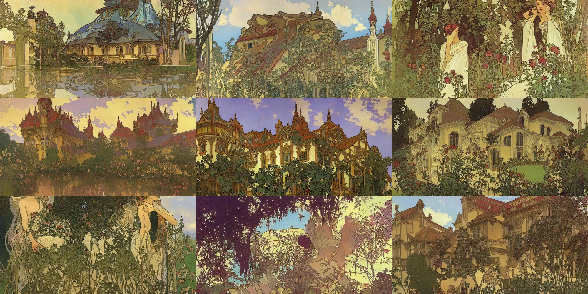 Prompt: a beautiful painting of a building in a serene landscape by Alphonse Mucha