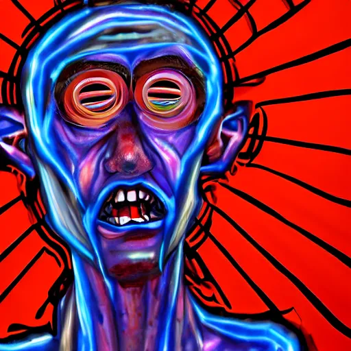 Image similar to depraved and spiritually broken skinny man with spiral trippy eyes dazed and broken down by years of mind control propoganda, tv screens behind him, weird abstract art in the style. of ben garrison and wil hughes, trending on artstation, ultra 8 k