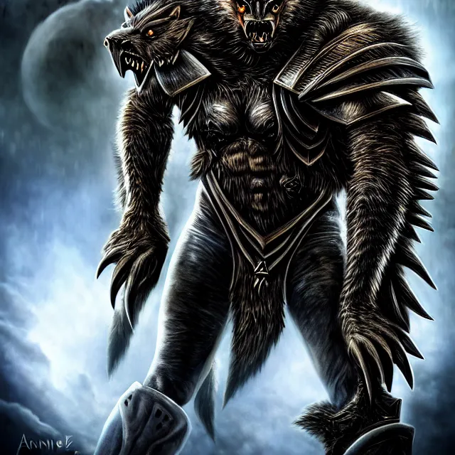 Image similar to armoured werewolf warrior, 4 k, hdr, smooth, sharp focus, high resolution, award - winning photo, anne stokes, photorealistic