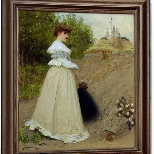 Prompt: young victorian lady in ball gown observing an anthill, painted by alfred stevens