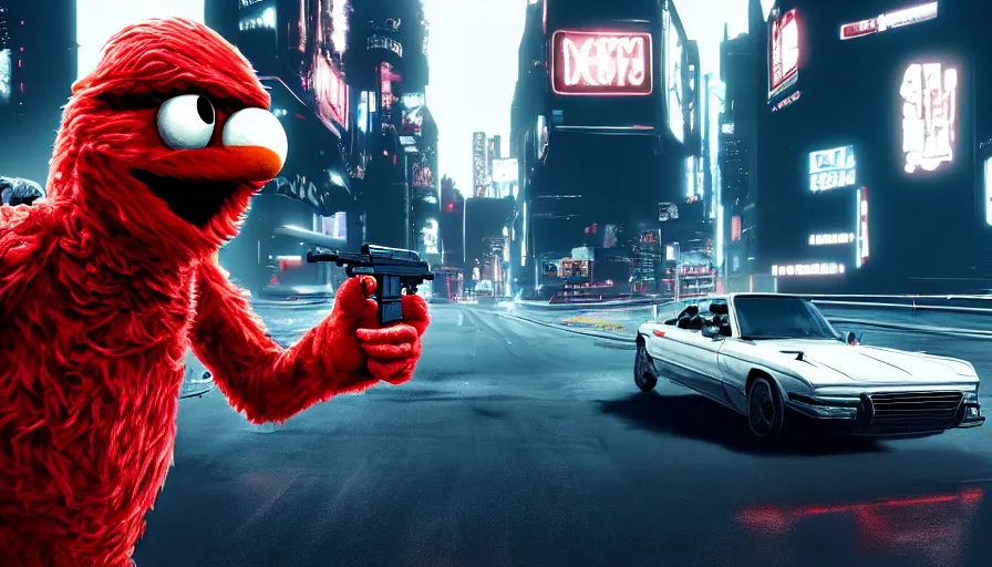 Prompt: elmo!! holding a pistol leans out of the window of a driving car in cyberpunk, digital art, rendering, hyperrealistic, photorealism