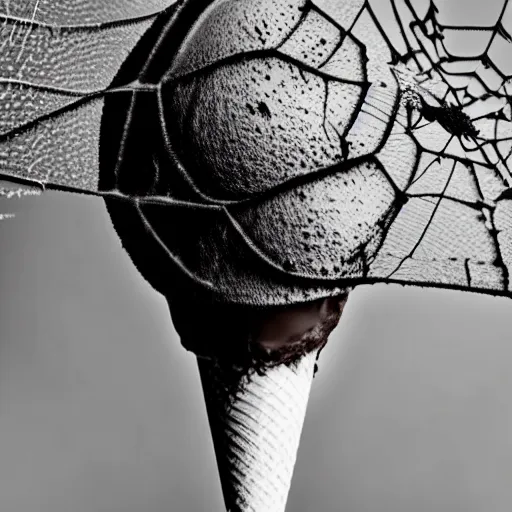 Prompt: detailed, textured photograph of a levitating chocolate ice cream cone with huge, hairy spider legs at the bottom... dramatic light.