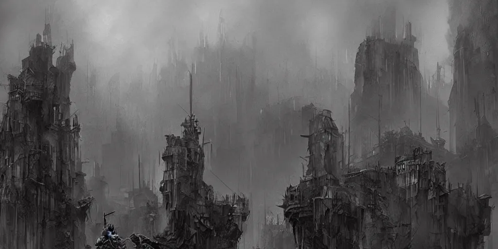 Image similar to grimdark fantasy fortress, trench crusade soldiers, terrifying architecture, looming, dark, fog, atmospheric cold lighting, dark souls, hyperrealistic, art by sparth