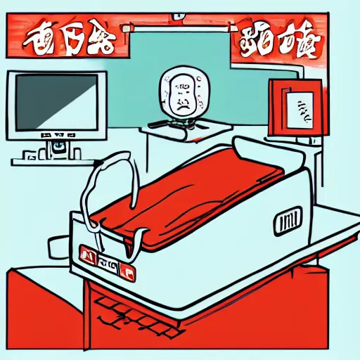 Image similar to chinese surgery operating table, in the style of daniel johnston and outsider art, 8k, line brush, minimal, overlaid with traditional chinese adverts