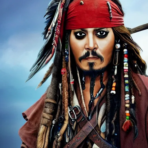 Image similar to jack sparrow with a parrot on the shoulder, realistic portrait, 8k resolution, hyper detailed, studio lighting, cinematic, sharp