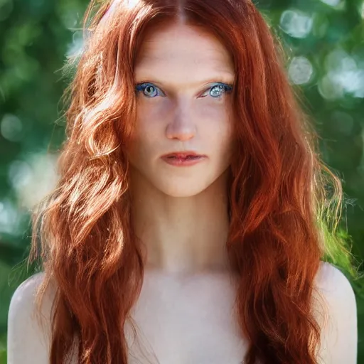 Image similar to close up portrait photograph of a thin young redhead woman with russian descent, sunbathed skin, with deep blue eyes. Wavy long maroon colored hair. she looks directly at the camera. Slightly open mouth, with a park visible in the background. 55mm nikon. Intricate. Very detailed 8k texture. Sharp. Cinematic post-processing. Award winning portrait photography. Sharp eyes.