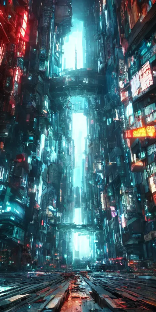 Image similar to a giant portal destroying a dystopian city, cyberpunk, sharp focus, dynamic lights, still, photograph, hyper realistic, masterpiece, octane render, rendered, 3 d, cinematic, cinematic lighting, dramatic lighting, highly detailed, intricate details, texture, cinematic composition, wide shot, by donglu yu and kevin jick and eddie del rio