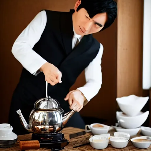 Prompt: handsome japanese man making tea