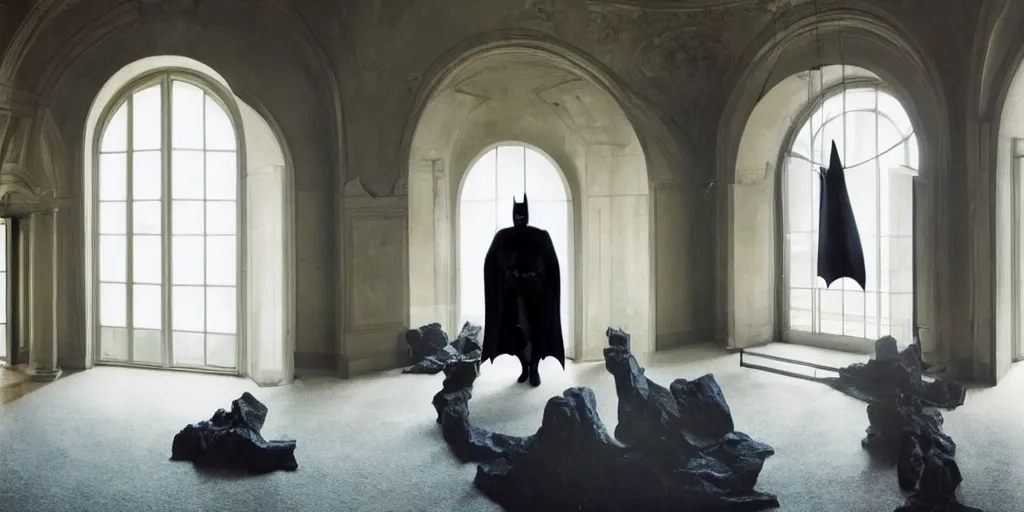 Image similar to Batman standing in giant Italian modern castle living room, clean minimalist design, that is 1300 feet tall, with very tall giant walls filled with modern art paintings, doors that are cosmic portals, photo by Annie Leibovitz