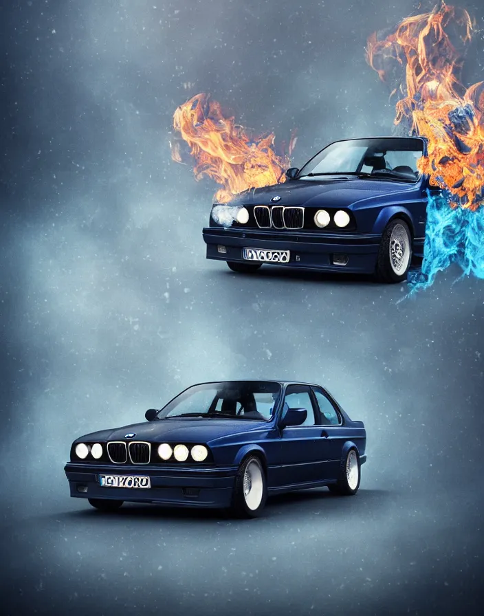 Prompt: dark blue bmw e30, birds, skulls, flowers, amd fire. baroque elements. intricate artwork by artstation. halo. octane render, cinematic, hyper realism, octane render, 8k, depth of field, bokeh. iridescent accents. Dark and foggy. Blue and gold colour scheme