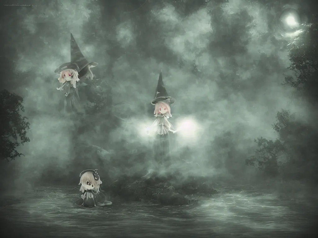 Image similar to cute fumo plush girl witch on a tiny island surrounded by murky river water, river styx, cursed otherworldly chibi gothic horror wraith maiden, lost in the milky void, hazy heavy magical glowing swirling murky volumetric fog and smoke, moonglow, lens flare, vray