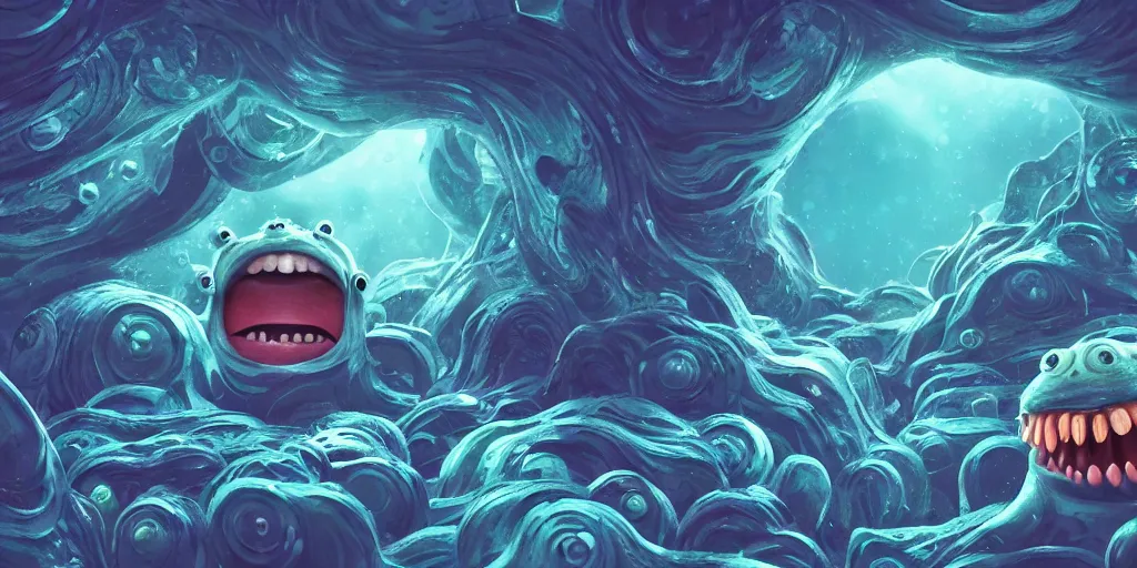 Image similar to of an intricate deep sea with strange cute friendly happy creatures with huge eyes, long tongue, round teeth and goofy funny face, appearing from the background, in the style of gehry and gaudi, macro lens, shallow depth of field, ultra detailed, digital painting, trending artstation, concept art, illustration, cinematic lighting, photorealism, epic, octane render